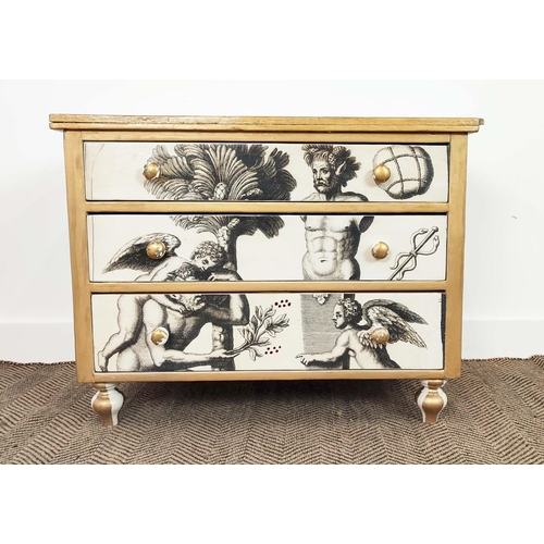 193 - CHEST, painted and Renaissance print decorated of three drawers, 64cm H x 84cm W x 44cm D.