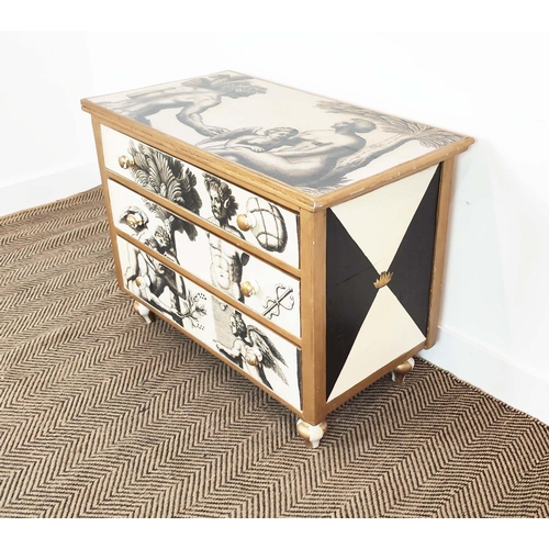 193 - CHEST, painted and Renaissance print decorated of three drawers, 64cm H x 84cm W x 44cm D.