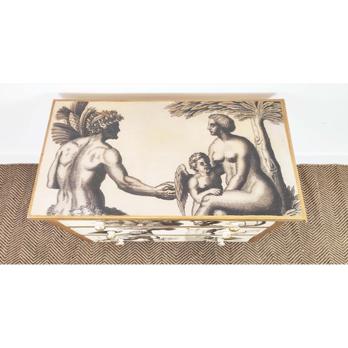 193 - CHEST, painted and Renaissance print decorated of three drawers, 64cm H x 84cm W x 44cm D.