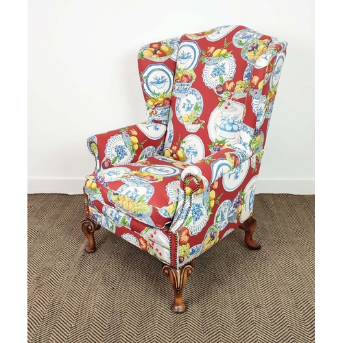 210 - WING ARMCHAIR, Queen Anne style in Jane Churchill fruit bowl patterned fabric, 117cm H x 82cm.