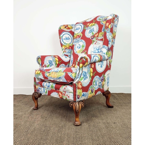 210 - WING ARMCHAIR, Queen Anne style in Jane Churchill fruit bowl patterned fabric, 117cm H x 82cm.