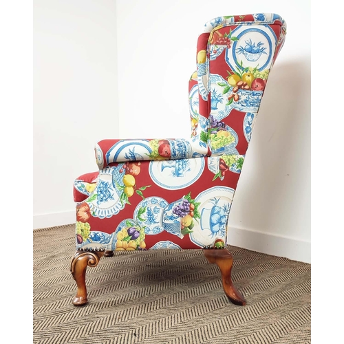 210 - WING ARMCHAIR, Queen Anne style in Jane Churchill fruit bowl patterned fabric, 117cm H x 82cm.