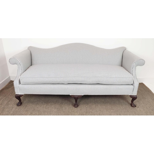 211 - SOFA, George III style in new ticking upholstery, 85cm H x 204cm.