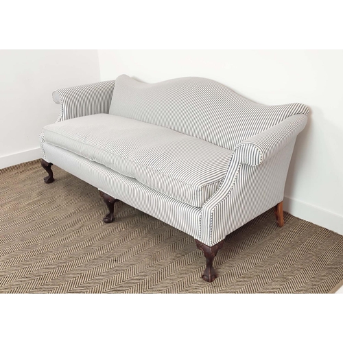 211 - SOFA, George III style in new ticking upholstery, 85cm H x 204cm.