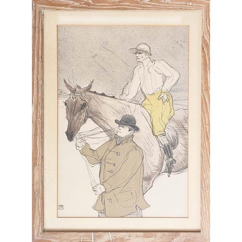 22 - AFTER HENRI TOULOUSE LAUTREC, the jockey going to the post, print, 43cm x 31cm, in a pine frame.