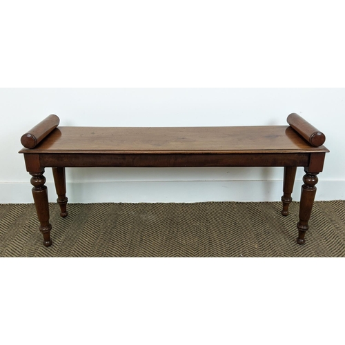 227 - HALL BENCH, Victorian and later mahogany with turned supports, 113cm L x 32cm D x 52cm H.