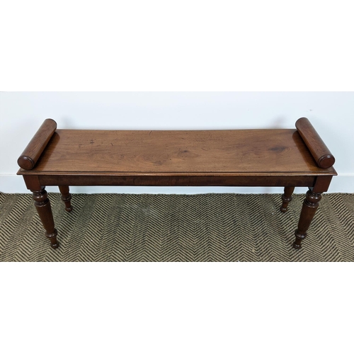 227 - HALL BENCH, Victorian and later mahogany with turned supports, 113cm L x 32cm D x 52cm H.