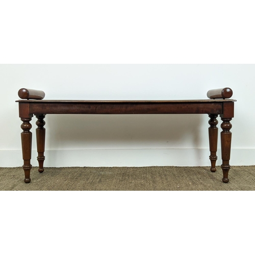 227 - HALL BENCH, Victorian and later mahogany with turned supports, 113cm L x 32cm D x 52cm H.