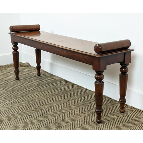 227 - HALL BENCH, Victorian and later mahogany with turned supports, 113cm L x 32cm D x 52cm H.