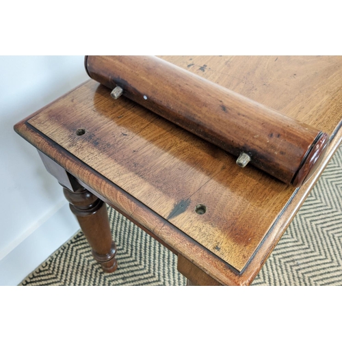 227 - HALL BENCH, Victorian and later mahogany with turned supports, 113cm L x 32cm D x 52cm H.