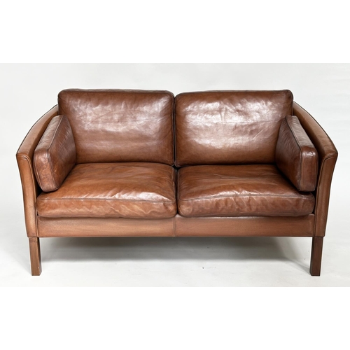 288 - DANISH SOFA, 1970s two seater with grained natural soft tam brown leather upholstered, 150cm W.