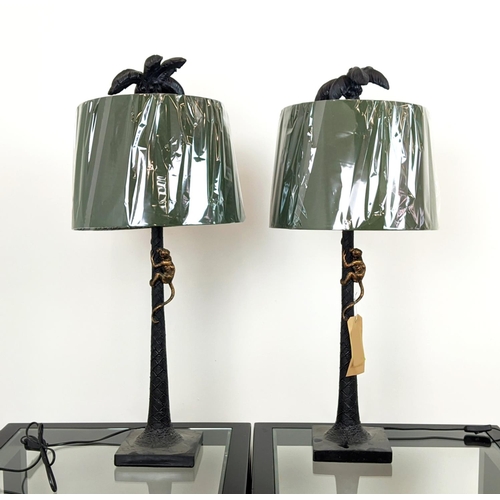 398 - TABLE LAMPS, a pair, 84cm H x 36cm diam, in the form of palm trees with climbing monkeys, with shade... 