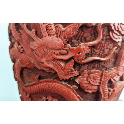 4 - CINNABAR STYLE LACQUER LAMP, early 20th century, carved with a fine claw dragon on a rosewood carved... 