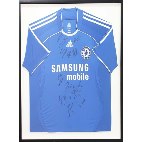 5 - FRAMED CHELSEA SHIRTS, two, one signed by 'Deco', the other with multiple team signatures, 79cm x 79... 