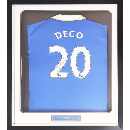 5 - FRAMED CHELSEA SHIRTS, two, one signed by 'Deco', the other with multiple team signatures, 79cm x 79... 