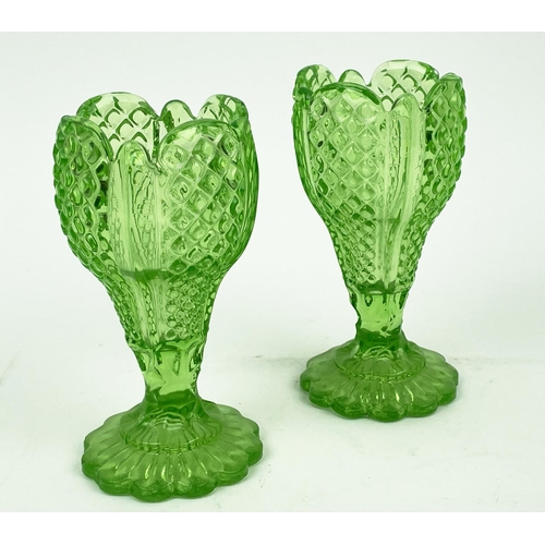 9 - QUANTITY OF GREEN URANIUM GLASS, three pairs of candlesticks, a large figural vase, a mermaid tray, ... 