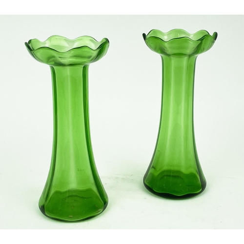 9 - QUANTITY OF GREEN URANIUM GLASS, three pairs of candlesticks, a large figural vase, a mermaid tray, ... 