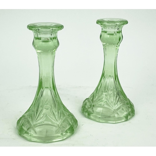 9 - QUANTITY OF GREEN URANIUM GLASS, three pairs of candlesticks, a large figural vase, a mermaid tray, ... 