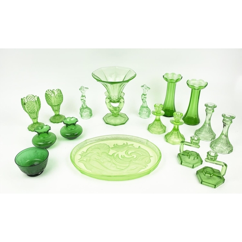 9 - QUANTITY OF GREEN URANIUM GLASS, three pairs of candlesticks, a large figural vase, a mermaid tray, ... 