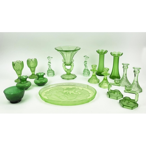 9 - QUANTITY OF GREEN URANIUM GLASS, three pairs of candlesticks, a large figural vase, a mermaid tray, ... 