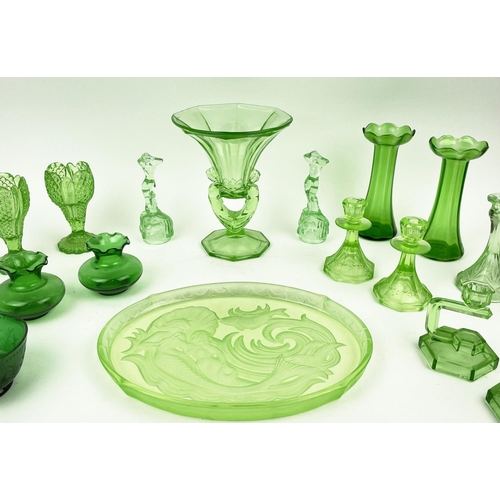 9 - QUANTITY OF GREEN URANIUM GLASS, three pairs of candlesticks, a large figural vase, a mermaid tray, ... 