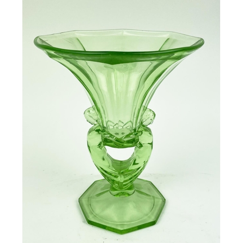 9 - QUANTITY OF GREEN URANIUM GLASS, three pairs of candlesticks, a large figural vase, a mermaid tray, ... 