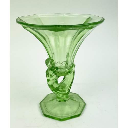 9 - QUANTITY OF GREEN URANIUM GLASS, three pairs of candlesticks, a large figural vase, a mermaid tray, ... 