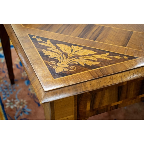 215 - DINING TABLE, Italian walnut and marquetry with two extra leaves, 78cm H x 112cm x 127cm L, 223cm ex... 