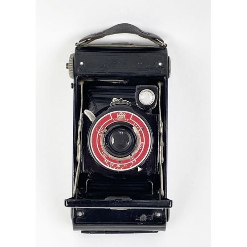 8 - CAMERAS, including a 1930s coronet de luxe red facia, a Pentax Me Super, a Zenit-B cased a Besson of... 