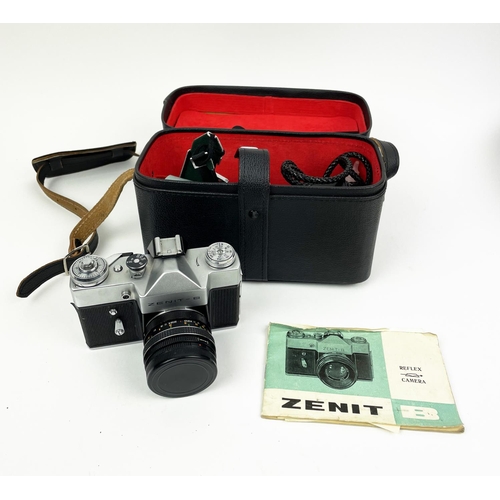 8 - CAMERAS, including a 1930s coronet de luxe red facia, a Pentax Me Super, a Zenit-B cased a Besson of... 