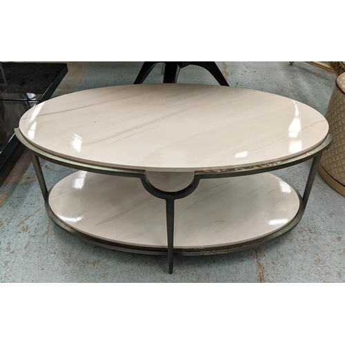 549 - LOW TABLE, 116cm x 65cm x 50cm, two faux marble tiers, metal frame.