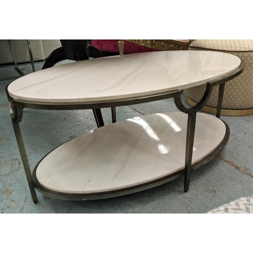 549 - LOW TABLE, 116cm x 65cm x 50cm, two faux marble tiers, metal frame.