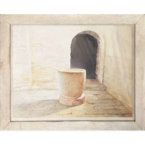 26 - YVONNE HAWKER (b. 1956), 'Awaiting the Baptism' 1992, watercolour, 45cm x 56cm, Redfern Gallery labe... 