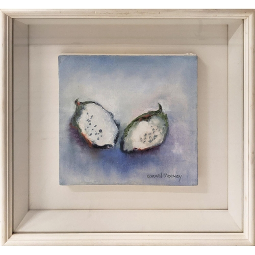 33 - CARMEL MOONEY, 'Dragon fruit still life', acrylic on canvas, 25cm x 25cm, framed.