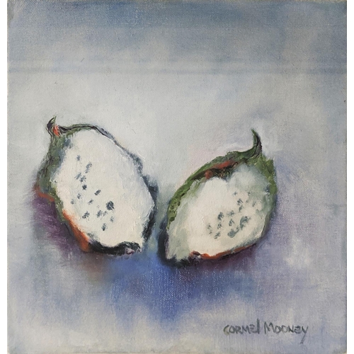 33 - CARMEL MOONEY, 'Dragon fruit still life', acrylic on canvas, 25cm x 25cm, framed.