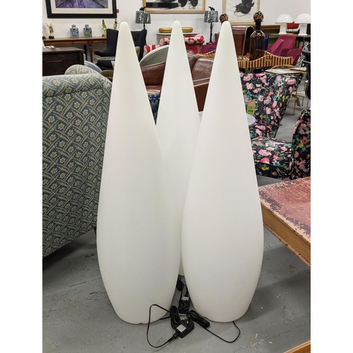 370 - SKYLINE FLOOR LIGHTS, a set of three opaque resin cones, each 122cm tall.