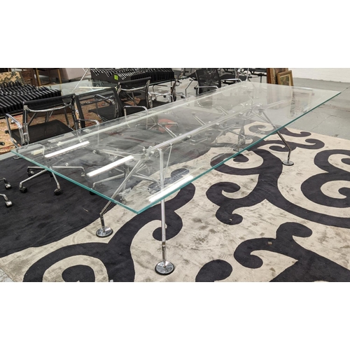 397 - NOMOS TABLE, with a rectangular glass top on pad footed base, 300cm L x 120cm D.