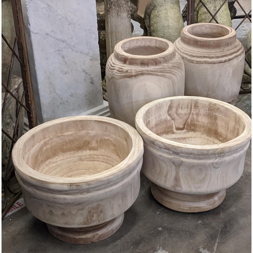 521 - WOODEN VESSELS, a collection of four, including 2 differing pairs, 41.5cm x 22.5cm at largest. (4)