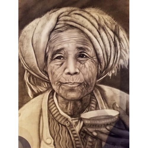 39 - BURMESE SCHOOL, 'Old lady with tea bowl', charcoal on paper, 54cm x 32cm, framed.