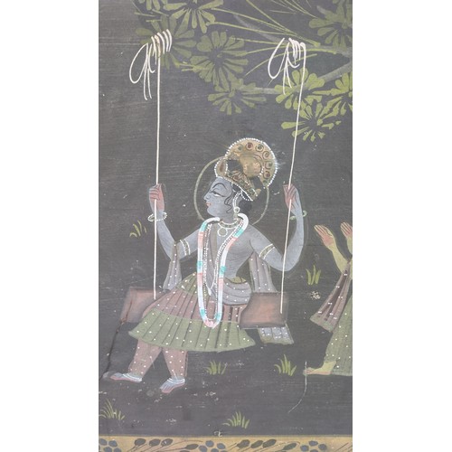 94 - GOUACHE ON PAPER, Indian figurative scene, 59cm x 182cm, an ebony carved panel on red silk, 24cm x 1... 