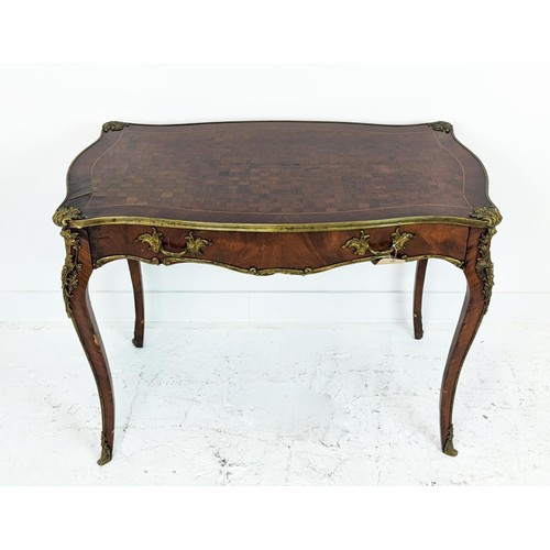 199 - BUREAU PLAT, circa 1880, Louis XV style, French parquetry with ormolu mounts single long drawer and ... 