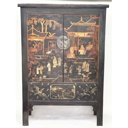 554 - MARRIAGE CABINET, 19th century Chinese gilt and polychrome Chinoiserie decorated with two doors encl... 