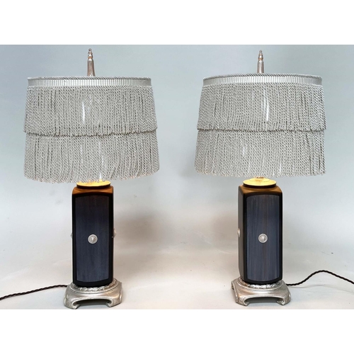 582 - TABLE LAMPS, a pair, Versace style black with silvered lion mask and base detail with 'tassle' shade... 