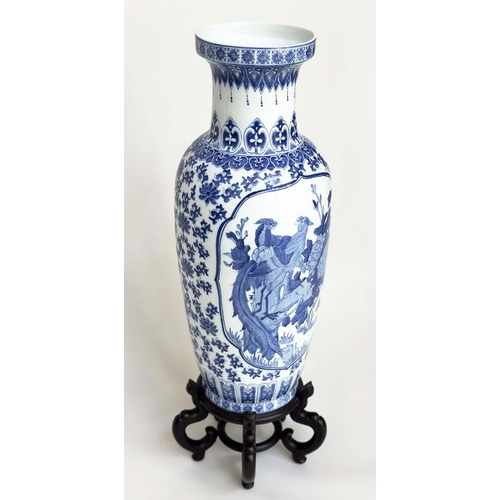 104 - PEACOCK VASE ON STAND, large Chinese ceramic blue and white peacock vase on carved wood stand, 77cm ... 