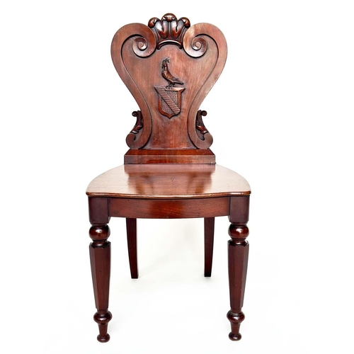 108 - HALL CHAIRS, a pair, George III English Country House mahogany with carved armorial backs and facett... 