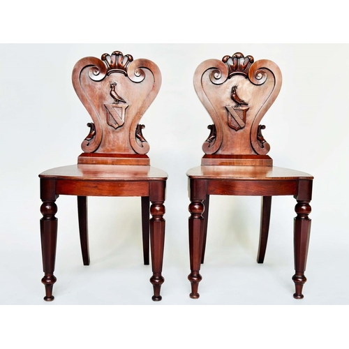 108 - HALL CHAIRS, a pair, George III English Country House mahogany with carved armorial backs and facett... 