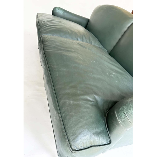 117 - HOWARD STYLE SOFA, natural soft green leather upholstered with turned supports, 95cm H x 210cm W x 1... 