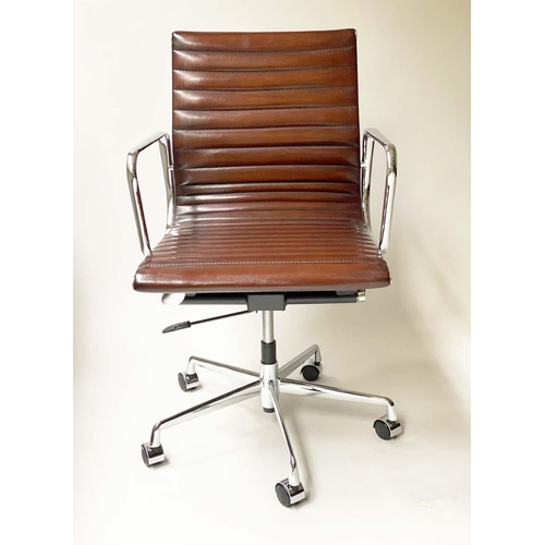 119 - REVOLVING DESK CHAIR, Charles and Ray Eames inspired ribbed soft natural tan brown hand finished lea... 