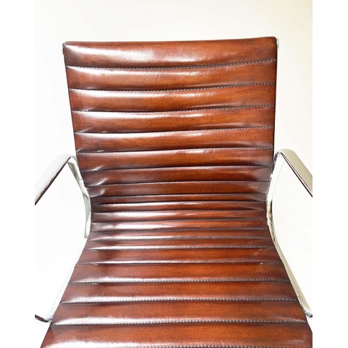 119 - REVOLVING DESK CHAIR, Charles and Ray Eames inspired ribbed soft natural tan brown hand finished lea... 