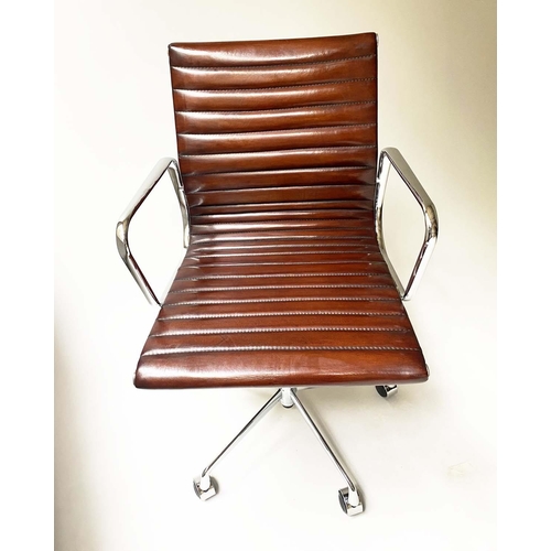 119 - REVOLVING DESK CHAIR, Charles and Ray Eames inspired ribbed soft natural tan brown hand finished lea... 